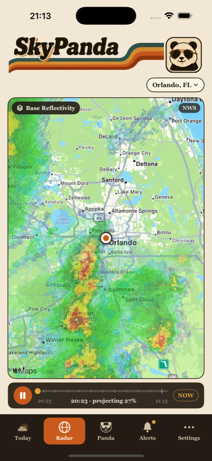 The SkyPanda radar over central Florida, with a projection timeline underneath.