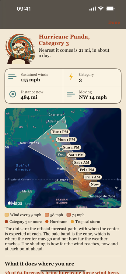 A hurricane on the SkyPanda storm screen: the forecast path with a day and time at each point, the cone, how far the damaging winds reach, and the reader's own location.