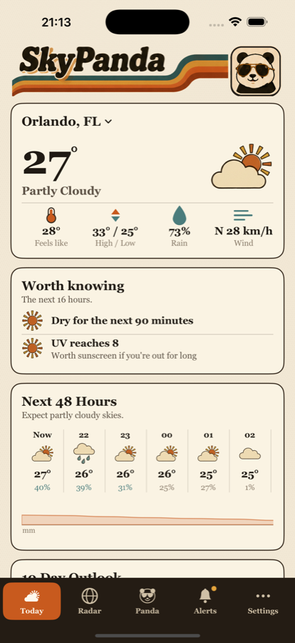 The SkyPanda Today screen, showing current conditions in Orlando, what is worth knowing in the next sixteen hours, and the next 48 hours.