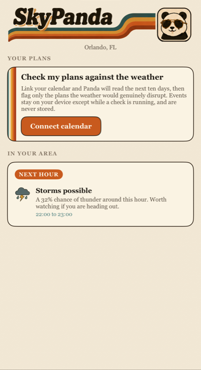 Alerts, showing plans the weather may spoil and warnings in the area.