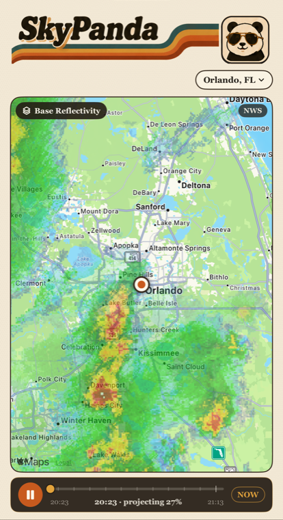 The radar, showing rain over central Florida with a playback scrubber beneath it.