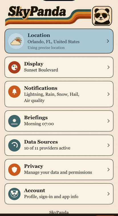 Settings: location, display, notifications, briefings, data sources, privacy and account.